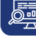 Weißes Icon, das einen Bildschirm und eine Lupe zeigt, auf dunkelblauem Hintergrund
