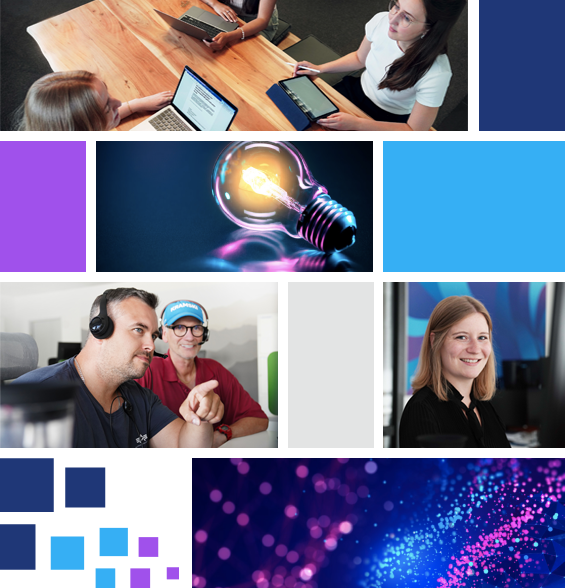 Collage, die verschiedene Mitarbeiterinnen und Mitarbeiter von PropertyExpert zeigt (unter anderem Emilia Heitmann und Lisa Witzel), dazwischen blaue und lila Bilder