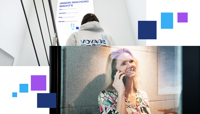 Kitty Smit, Key Account Managerin bei PropertyExpert, steht telefonierend vor einer Wand, dahinter zeigt ein Bild eine Frau im Kapuzenpullover mit der Aufschrift