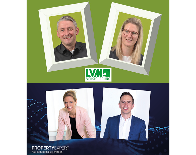Das neue Schadenportal der LVM und PropertyExpert. Von links unten: Kitty Smit und Fabian Kampfmann von PX. Von links oben: Andreas Rupe und Katharina Pankock-Muhle von der LVM