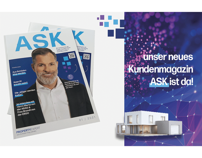 Links auf dem Bild ist das erste ASK-Kundenmagazin von PropertyExpert zu sehen. Auf der rechten Seite steht „unser neues Kundenmagazin ASK ist da!”