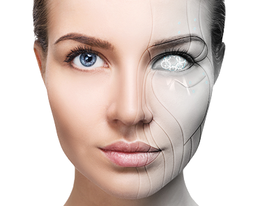 KIM – das Künstliche-Intelligenz-Modul von PropertyExpert: Bild eines Frauenkopfes, der halb Mensch, halb Maschine ist.