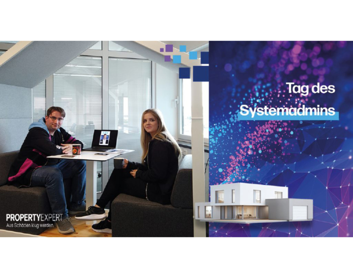 Jan Seyffert, Systemadmin bei PX, sitzt zusammen mit einer Frau am Tisch. Auf der rechten Seite steht „Tag des Systemadmins”