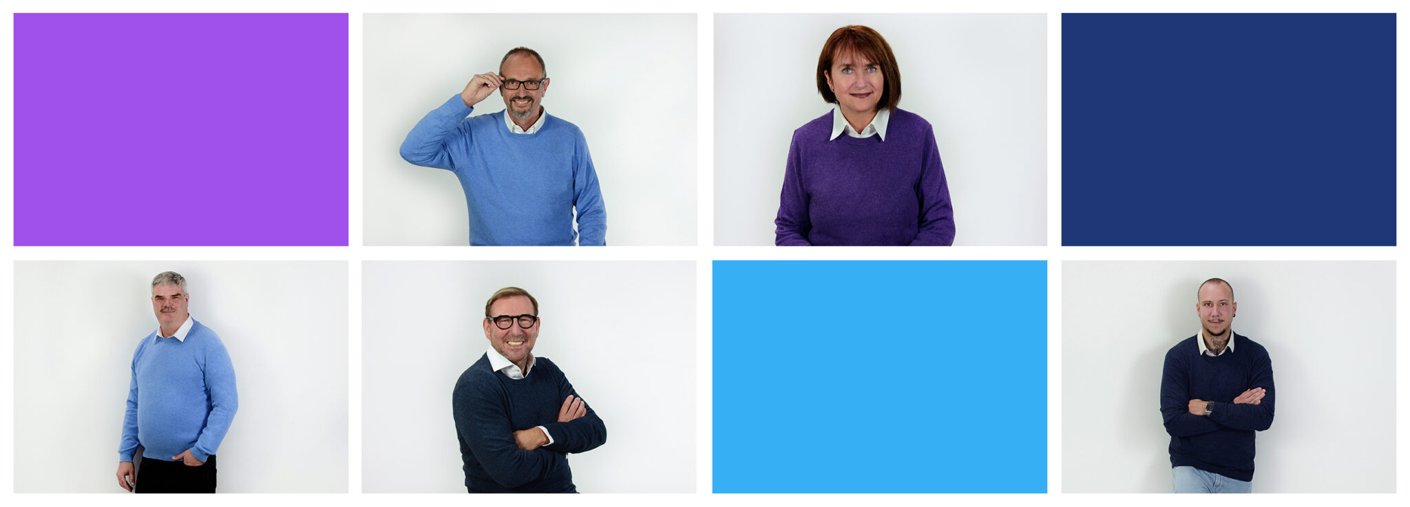 Collage aus farbigen Kacheln in Lila, Dunkelblau und Türkis und Einzelfotos einiger Handwerksexperten von PX
