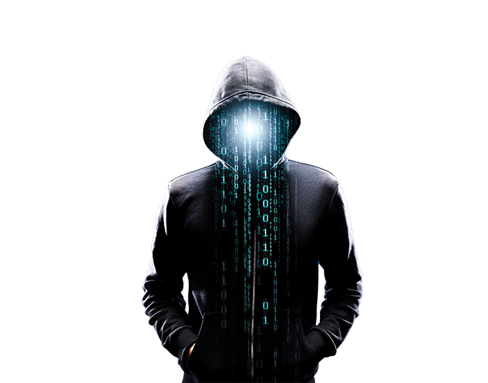 Eine gesichtslose Person in schwarzem Hoodie, aus der Kapuze kommen leuchtende Einsen und Nullen