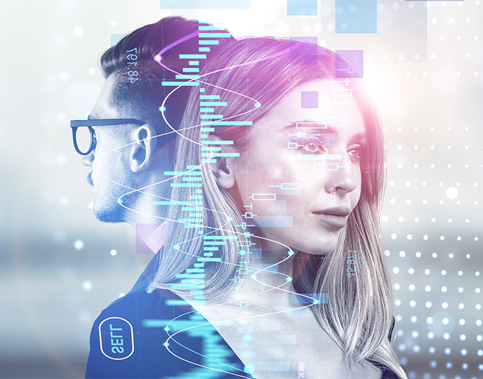 Titelbild des Artikels zum Maklerprozess 2.0, eine Frau und ein Mann Rücken an Rücken mit Datensimulationen im Vordergrund